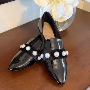 Lord & Taylor Glossy Black Loafers with Pearl Details